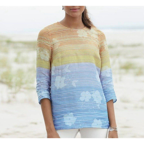 J. Jill Tops - NWT J. Jill Love Linen Tunic Top Women 1X Floral Sunset Blouse 3/4 Sleeves Linen